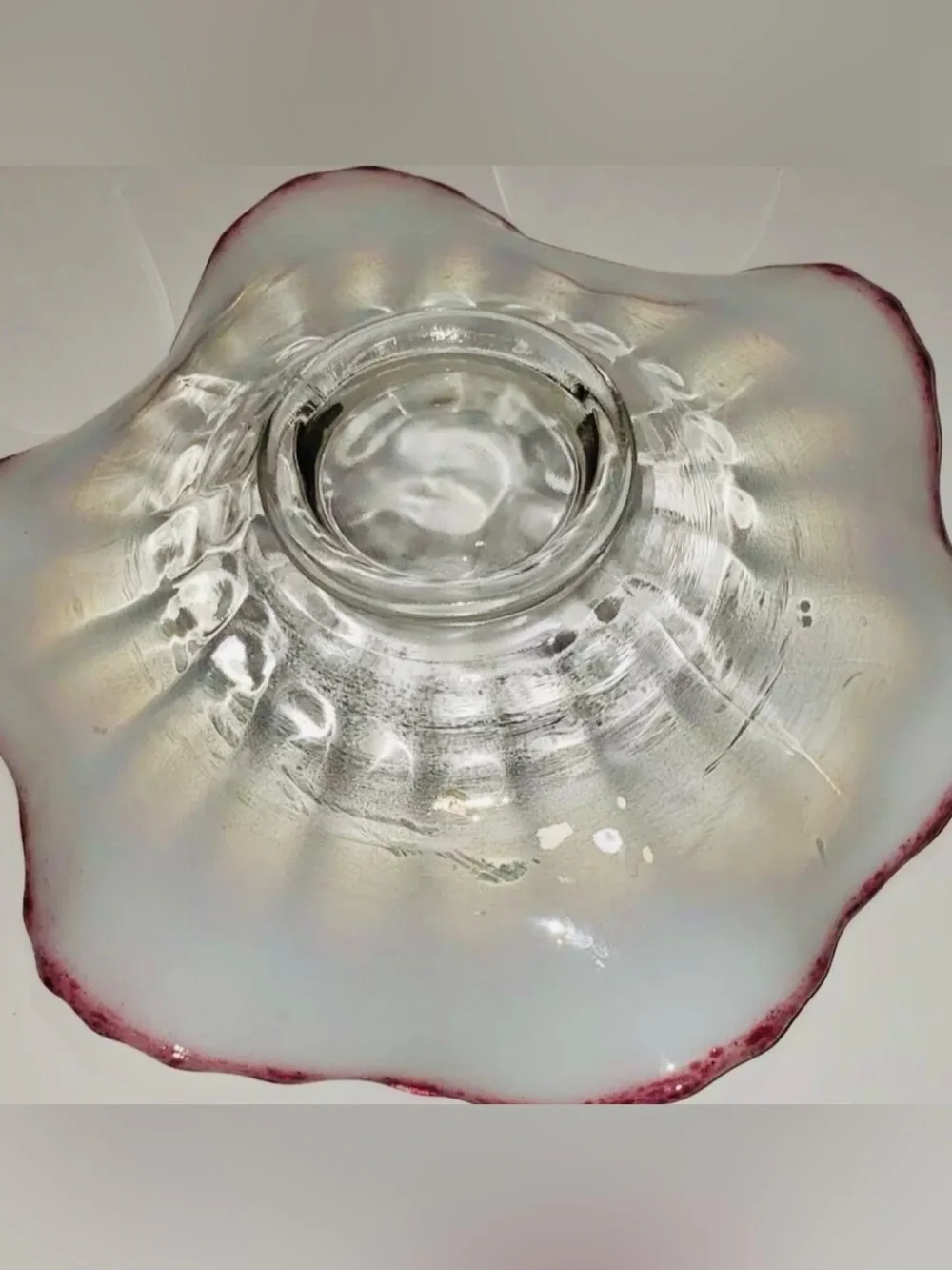 Pair Antique Cranberry Frit Moonstone Paneled Bowl Jefferson Glass Fancy Fantail